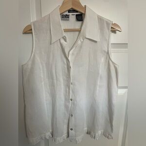 Willi Smith Irish Linen White Sleeveless Button Down Shirt